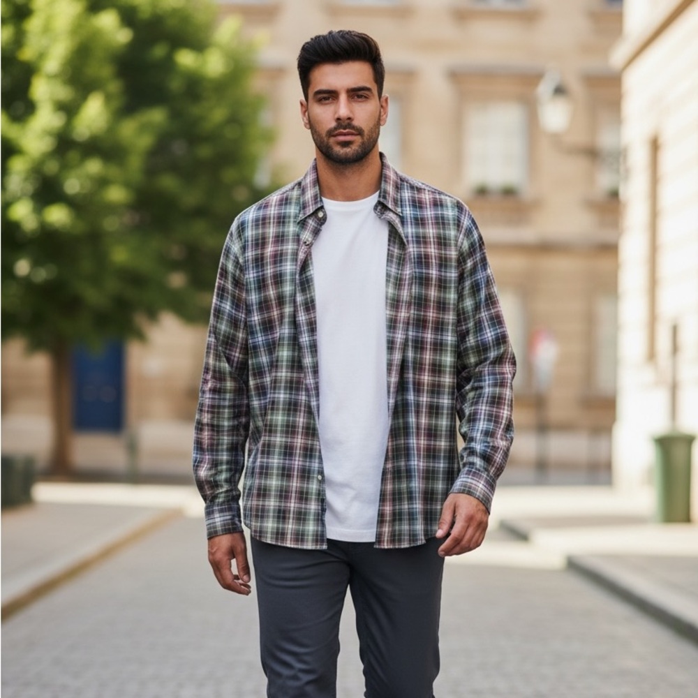 Faconnable Men’s Large 100% Cotton Long Sleeve Button Up Plaid Shirt